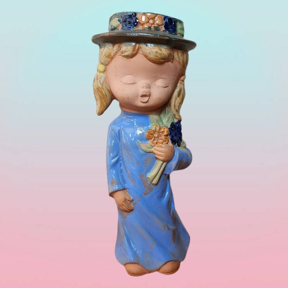 Vintage Ceramic Girl Figurine Blue Dress Flower Hat Holding Bouquet 8in